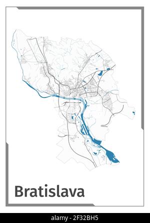 Poster della mappa di Bratislava, vista dall'alto dell'area amministrativa. Mappa del design in bianco, nero e blu della città di Bratislava con fiumi e strade. Profilo Illustrazione Vettoriale