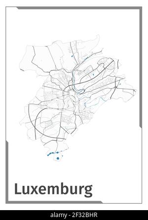 Poster della mappa della città di Lussemburgo, vista dell'area amministrativa. Nero, bianco e blu Mappa dettagliata della città di Lussemburgo con fiumi e strade. Outli Illustrazione Vettoriale