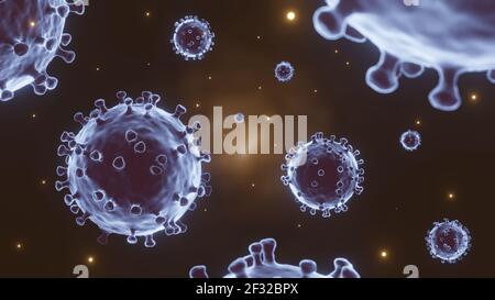 COVID-19 . Coronavirus respiratorio fluttuante 2019-nCov e particelle di polvere incandescente su sfondo arancione scuro . Vista microscopica della cellula virale. Rendering 3D Foto Stock