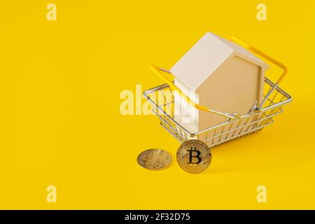 Casa in un cestino della spesa e bitcoins su sfondo giallo Foto Stock