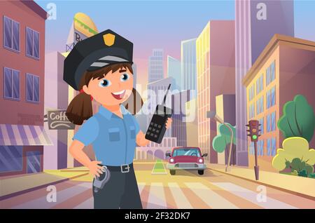 Poliziotto ragazza felice che lavora sulla strada della città, poliziotto capretto che gestisce il traffico stradale Illustrazione Vettoriale
