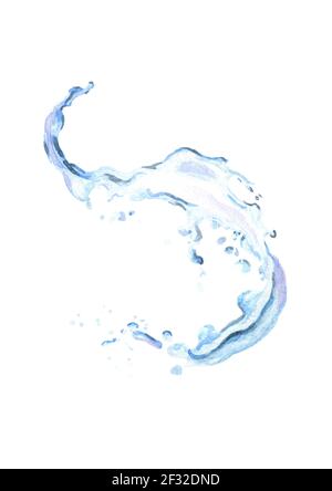 Spruzzi d'acqua, isolati su sfondo bianco. Illustrazione disegnata a mano con acquerello Foto Stock