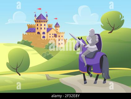 Prince Knight porta a cavallo il castello medievale, scenario fiabesco con eroe in armatura Illustrazione Vettoriale