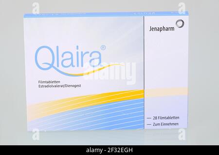 Qlaira pillola contraccettiva da Jenapharm, farmaco per contraccezione, confezioni di compresse Foto Stock