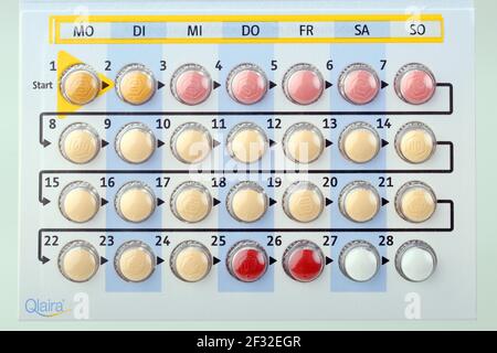 Pillola contraccettiva Qlaira della società Jenapharm, farmaco per contraccezione, confezioni di compresse, preparazione in 4 fasi, confezione mensile Foto Stock