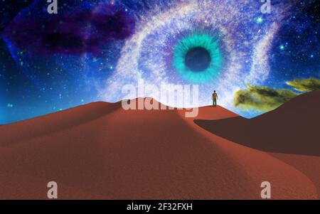 Uomo solitario nel deserto alieno. Rendering 3D Foto Stock