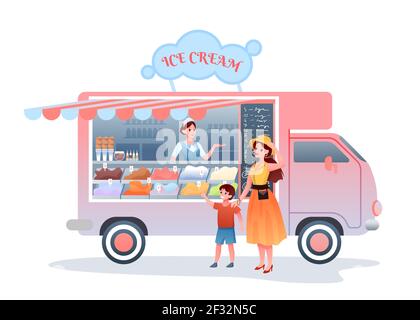 Gelato mercato di strada camion cibo, madre acquistare gelato bambino nel mercato chiosco Illustrazione Vettoriale