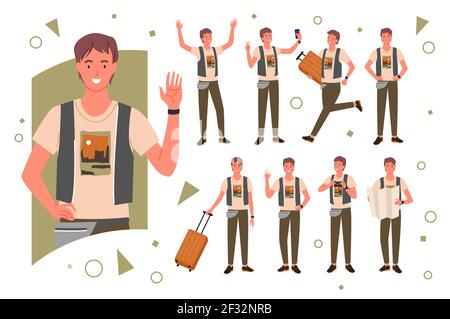 Set di posa per il viaggiatore turistico, felice ritratto di giovane maschio, uomo che viaggia e che fa sventolare la mano Illustrazione Vettoriale