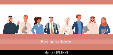 Lavoro ufficio lavoratori squadra set, felice uomo d'affari donna d'affari in piedi insieme Illustrazione Vettoriale