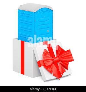 WC portatili in plastica blu all'interno della confezione regalo, concetto attuale. Rendering 3D isolato su sfondo bianco Foto Stock