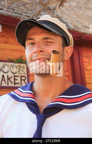 Popeye the Sailor Man at Popeye Village aka Sweethaven Village (il set cinematografico del 1980 musical 'Popeye' ora parco a tema) a Mellieha, Malta Foto Stock