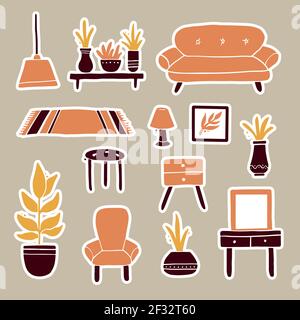 Set di adesivi disegnati a mano di mobili da soggiorno, divano, sedia, pianta della casa, lampada da terra, ripiano, moquette. Semplice stile piatto alla moda. Illustrazione per il design degli appartamenti interni. Illustrazione Vettoriale
