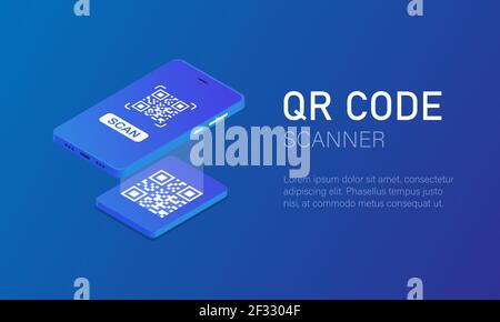 Scansione del codice QR. Un telefono cellulare con uno scanner legge il codice qr in stile isometrico illustrazione vettoriale EPS 10 Illustrazione Vettoriale