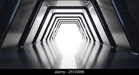 corridoio scuro futuristico vuoto con rappresentazione 3d con illuminazione blu Foto Stock