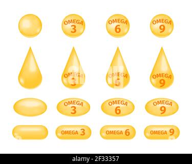 Acidi grassi Omega 3, 6 e 9. Gocce d'oro e pillole di olio di pesce set. Icone di grassi polinsaturi isolate su sfondo bianco. Illustrazione vettoriale realistica. Illustrazione Vettoriale
