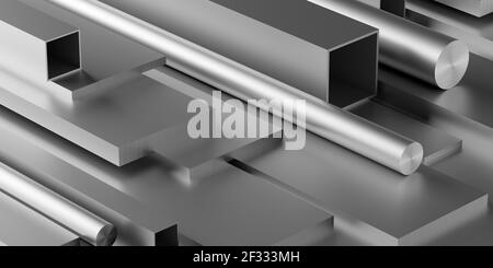 Profili in alluminio spazzolato stack o heap frame di riempimento sfondo, produzione di metallo o concetto di prodotto, illustrazione 3D Foto Stock