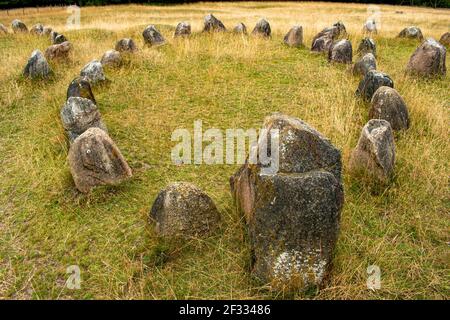 Lindholm Hoje viking tombe in cerchio, un antico luogo di sepoltura vichinga a Jutland, Danimarca Foto Stock