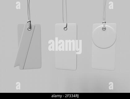 Illustrazione 3D. Set di tag vuoti legati a una stringa. Foto Stock