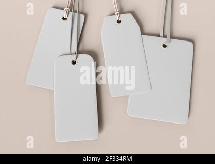 Illustrazione 3D. Set di tag vuoti legati a una stringa. Foto Stock