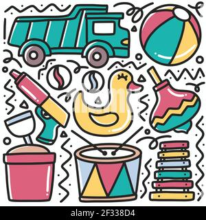 giocattoli da spiaggia con doodle disegnati a mano per bambini Illustrazione Vettoriale