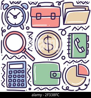 set di doodle disegnati a mano con icone finanza businesses Illustrazione Vettoriale