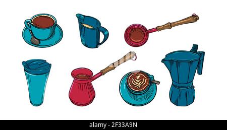 Il set per il caffè consente di preparare tazze, pentole e macchina per il caffè. Set di accessori per caffè di grandi colori per cappuccino o caffè americano. Illustrazione vettoriale Illustrazione Vettoriale