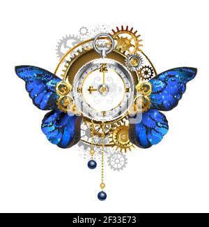 Antico orologio a vapore argentato con ali blu e realistiche di farfalla morfo, con quadrante con numeri romani in oro, ornato con oro, ottone e gea grigio Illustrazione Vettoriale