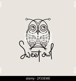 Logo con contorno di gufo dolce. Design con emblema isolato Doodel. Simbolo dell'educazione dei bambini. Illustrazione vettoriale Illustrazione Vettoriale