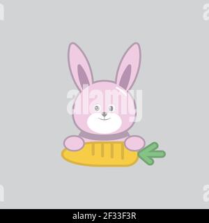 Coniglietto con una carota isolata su sfondo grigio. Illustrazione di primo piano di un fumetto vettoriale. Illustrazione Vettoriale