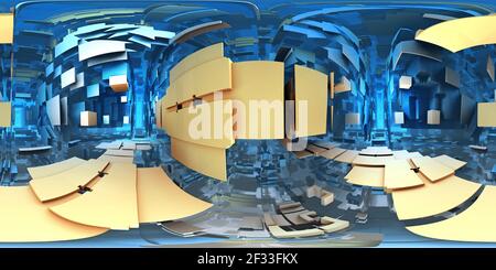 labirinto alieno a 360 gradi, sfondo labirinto astratto, proiezione equirettangolare, mappa ambientale. Panorama sferico HDRI. illustrazione 3d Foto Stock