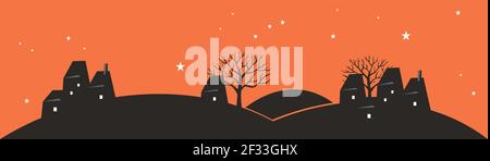 Paesaggio cartoon con case e alberi Illustrazione Vettoriale