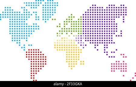 Mappa mondiale semplificata disegnata con punti rotondi. Illustrazione vettoriale (colori diversi per ciascun continente) Illustrazione Vettoriale