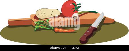 Tagliere, coltello e verdure Illustrazione Vettoriale