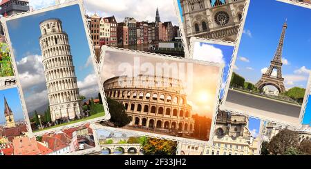 Sfondo del viaggio d'epoca con foto retrò dei monumenti europei. Banner orizzontale con vecchie foto della Torre Eiffel di Parigi, Torre Pendente di Pisa, Foto Stock