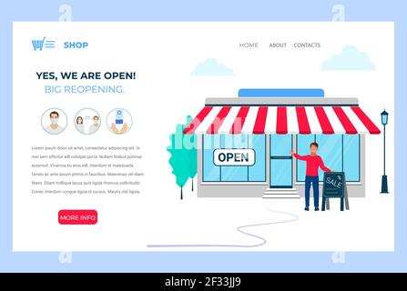 Siamo aperti. Riapertura dopo pandemia. Modello di illustrazione vettoriale per landing page, banner Web. Illustrazione Vettoriale