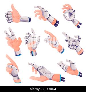 Mani umane con protesi robotica delle dita che mostrano OK, gesti delle dita verso l'alto, raggiungere o puntare su qualcosa. Palmo di cyborg, arto robotizzato o robotica Illustrazione Vettoriale