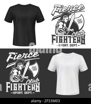 Stampa tshirt guerriero Gladiator, mascotte club di lotta vettoriale. Abbigliamento mockup con gladiatore romano o greco, saldatore o cavaliere in casco con piombo e sw Illustrazione Vettoriale
