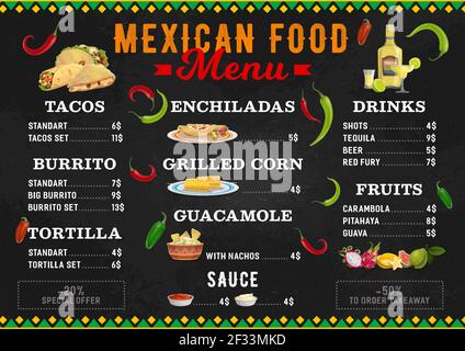 Menu di piatti messicani, burritos cucina messicana e piatti da bar tacos, vettoriale. Cucina messicana cibo, caffè e ristorante pasti, snack e bevande, enchilada Illustrazione Vettoriale
