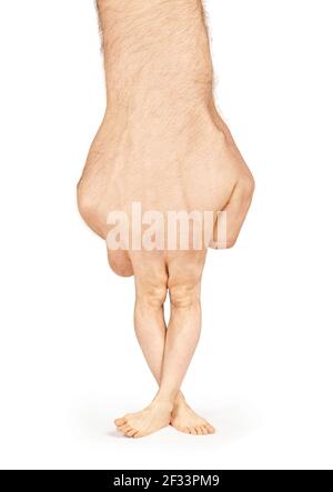 Mano spaventosa con gambe e piedi invece di dita, isolata su bianco Foto Stock