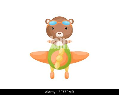 Piccolo orso che indossa occhiali da aviatore che volano un aereo. Divertente personaggio del bambino che vola in aereo per biglietto di auguri, baby doccia, invito al compleanno, hous Illustrazione Vettoriale