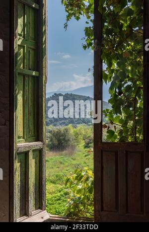 Vista dall'interno di una vecchia casa, attraverso una finestra di legno, con piante e montagne all'esterno. Foto Stock