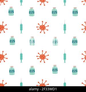 Siringa del flacone di vaccino di Covid modello vettoriale senza cuciture di Coronavirus. Illustrazione della dose di vaccinazione di fondo ripetuta disegnata a mano. Arresta Covid Illustrazione Vettoriale