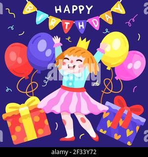 Illustrazione di compleanno felice disegnata a mano con ragazza e palloncini illustrazione vettoriale. Illustrazione Vettoriale