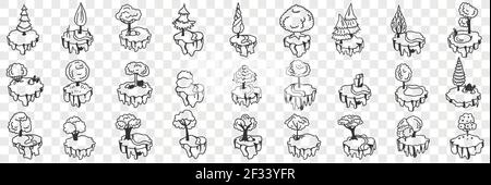 Alberi decorativi e piante doodle set. Collezione di decorazioni varie disegnate a mano per gli alberi e le piante dell'interno della casa su forme e su stand isolati su sfondo trasparente Illustrazione Vettoriale