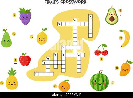 Crossword di frutta per bambini. Carino frutti sorridenti. Gioco educativo per bambini. Illustrazione Vettoriale