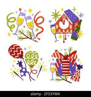 Collezione di adesivi disegnati a mano per il nuovo anno illustrazione vettoriale. Illustrazione Vettoriale