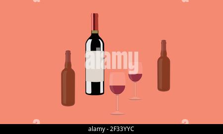 Vino e birra. Vector Isolated Illustrazione di una bottiglia di vino, due tazze di vino e due bottiglie di birra Illustrazione Vettoriale