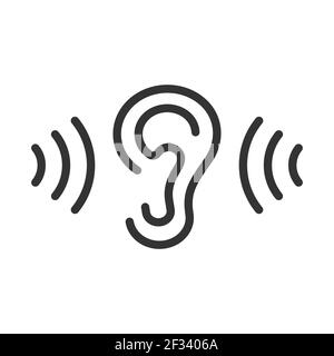 Icona dell'orecchio. Esposizione al rumore. Vendita di apparecchi acustici. Logo del Dottore di Otolaringologia. Tratto modificabile. Illustrazione Vettoriale
