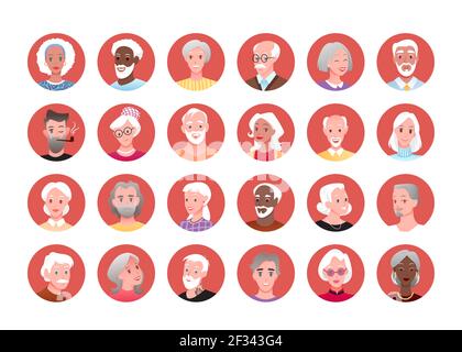 Anziani intorno avatar set, felice uomo donna senior personaggi raccolta ritratti Illustrazione Vettoriale