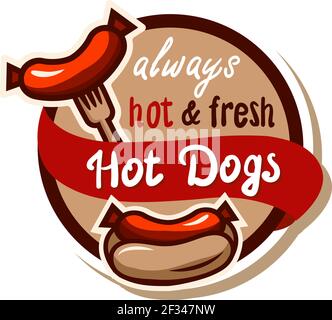 Logo hot dog con stile retrò. Illustrazione vettoriale, isolata su sfondo bianco. Illustrazione Vettoriale